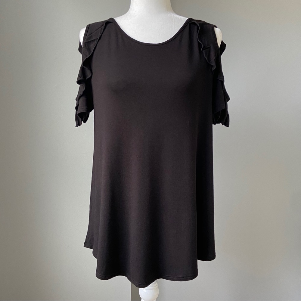Ella Mara | Black Cold Shoulder Ruffle Top, Medium
